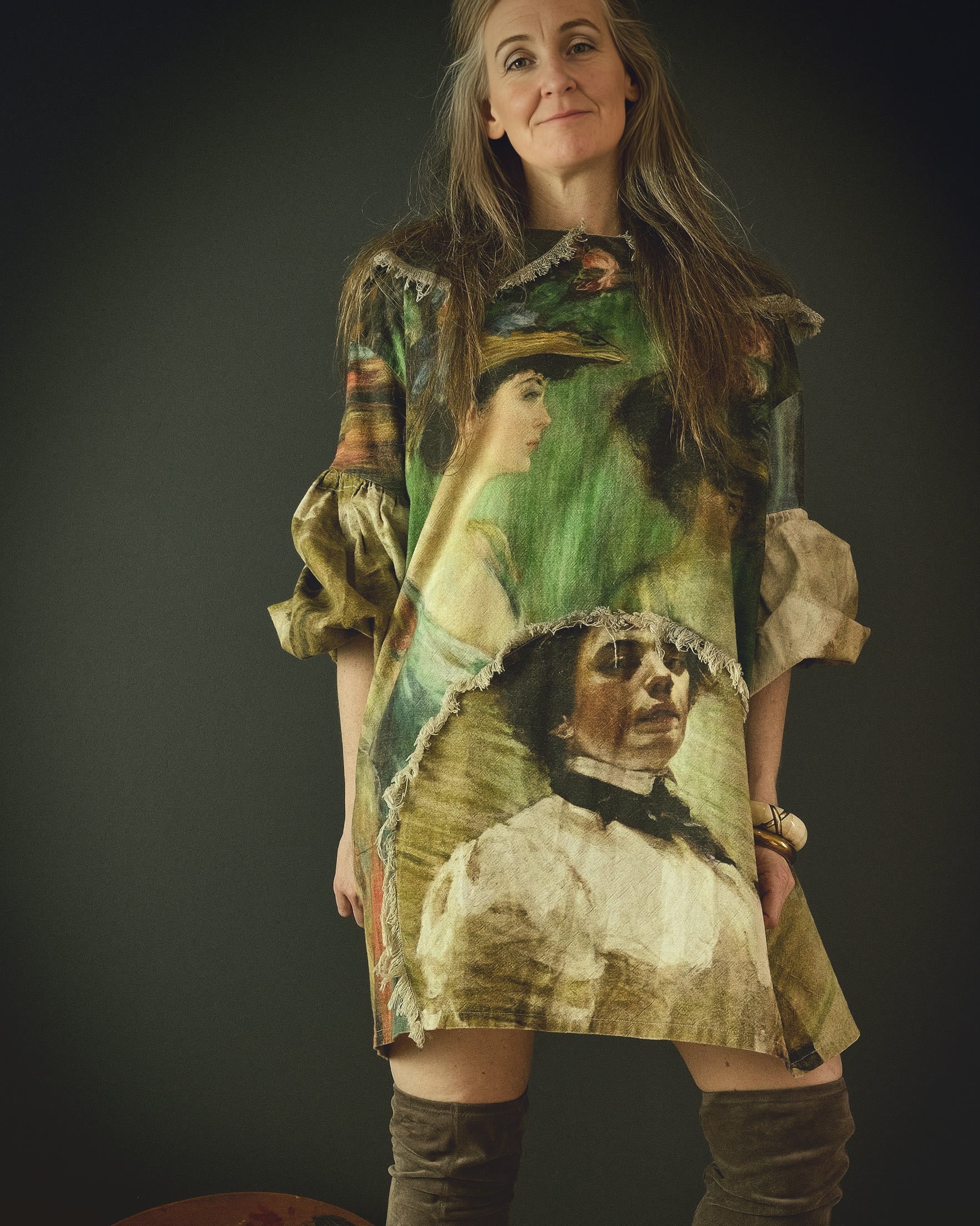woman wearing a cotton linen dress with bold 19th century artwork print