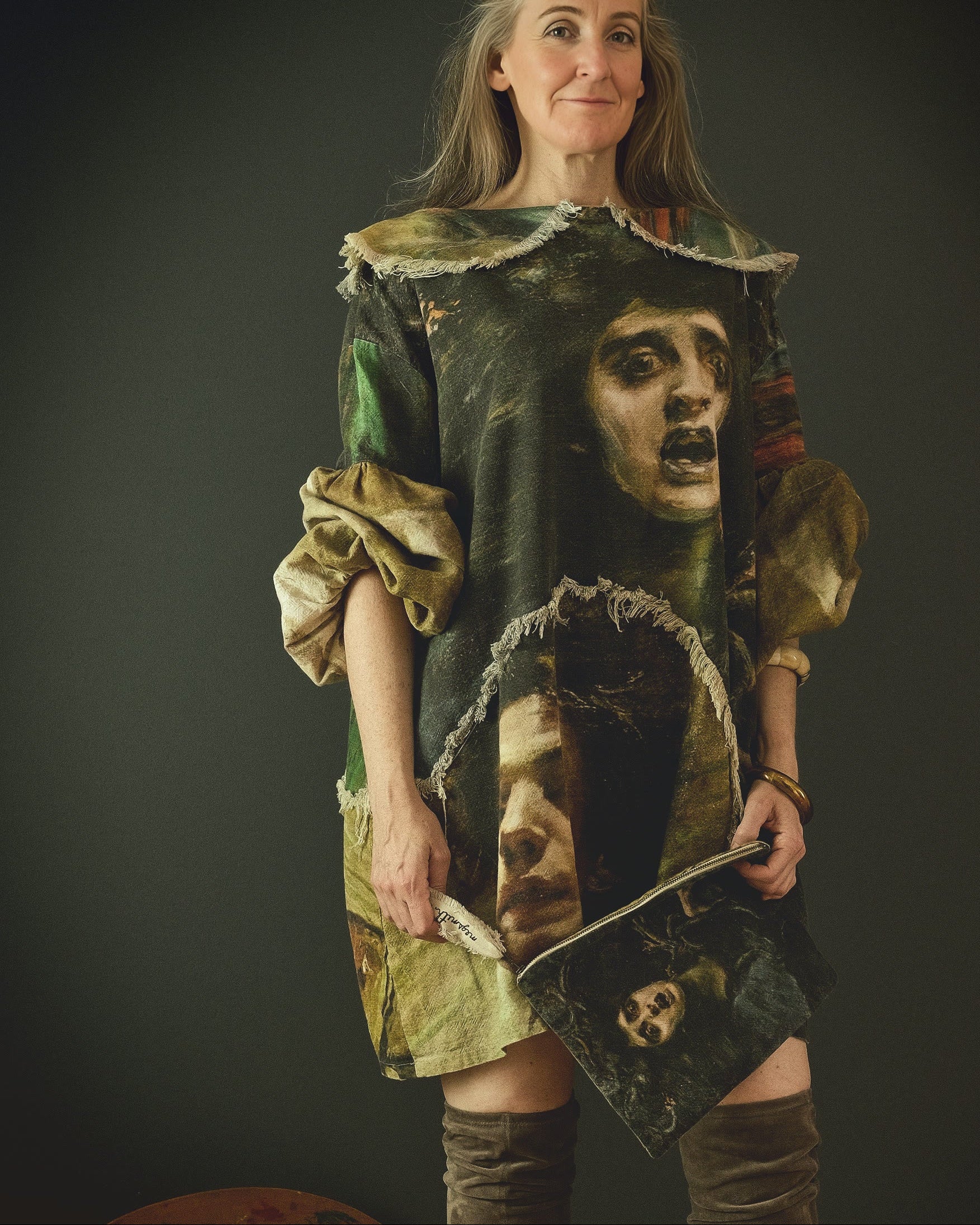 woman wearing a cotton linen dress with bold 19th century artwork print
