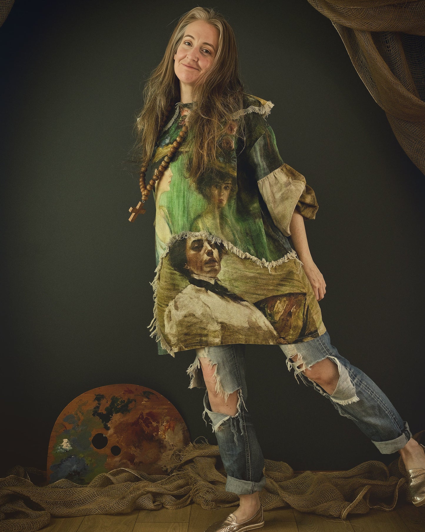 woman wearing a cotton linen dress with bold artwork print