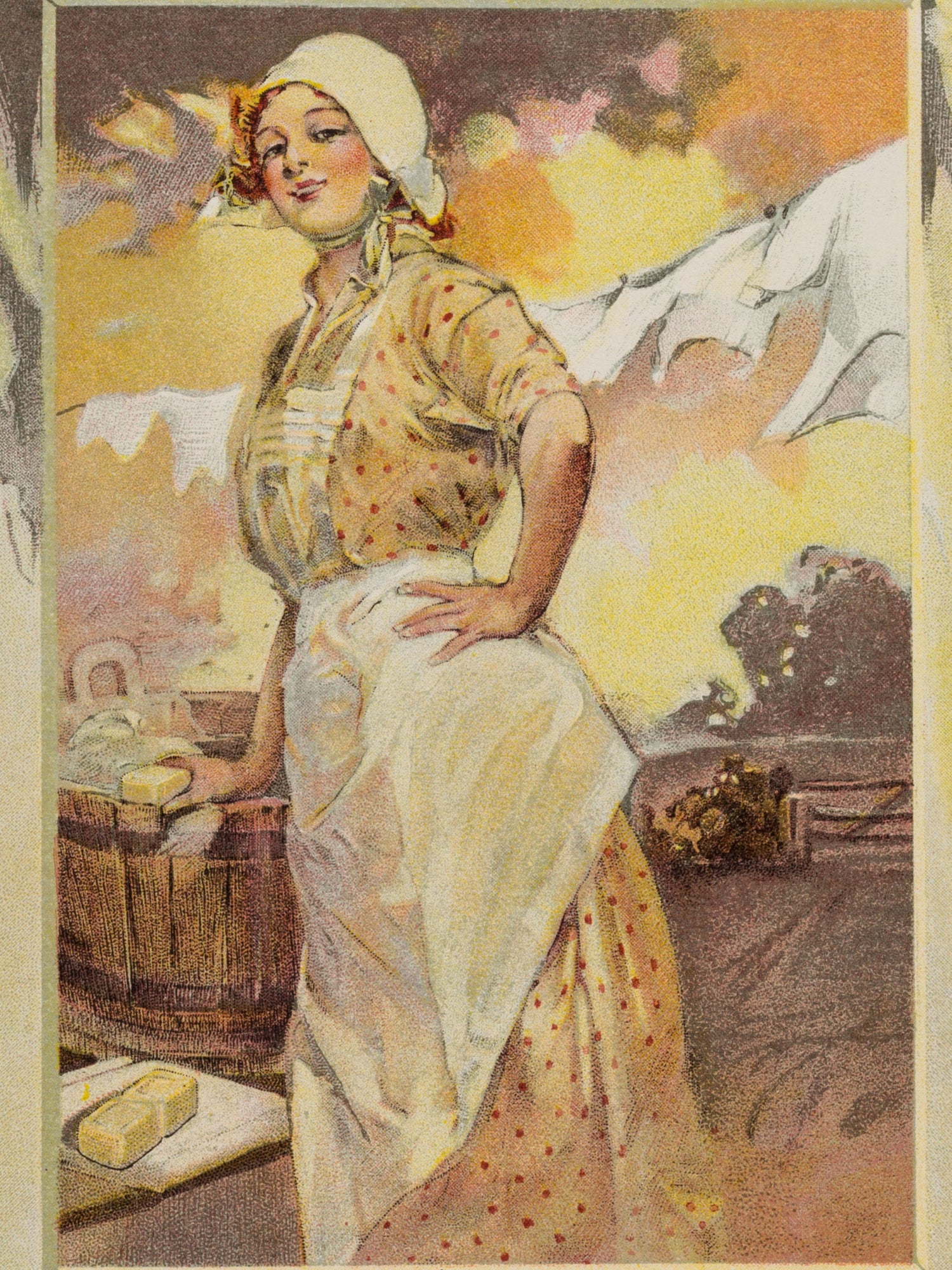 Vintage-style advertisement for Sunlight soap featuring a woman in a field.