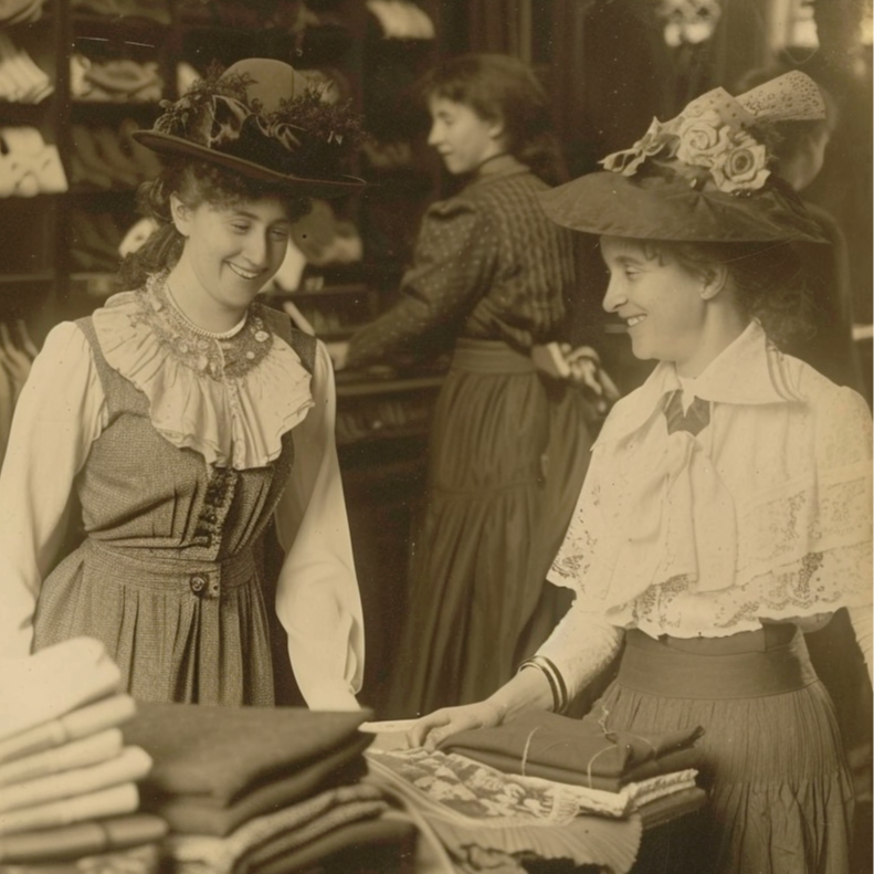 Two women in a vintage store with hats and clothing