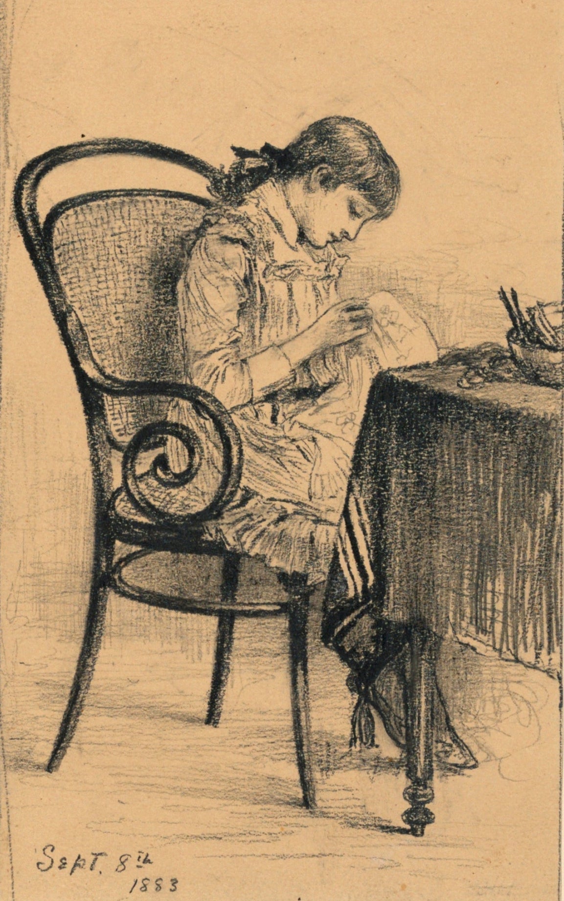 Black and white illustration of a young girl sitting at a table, possibly sewing, with a chair and desk in the background.