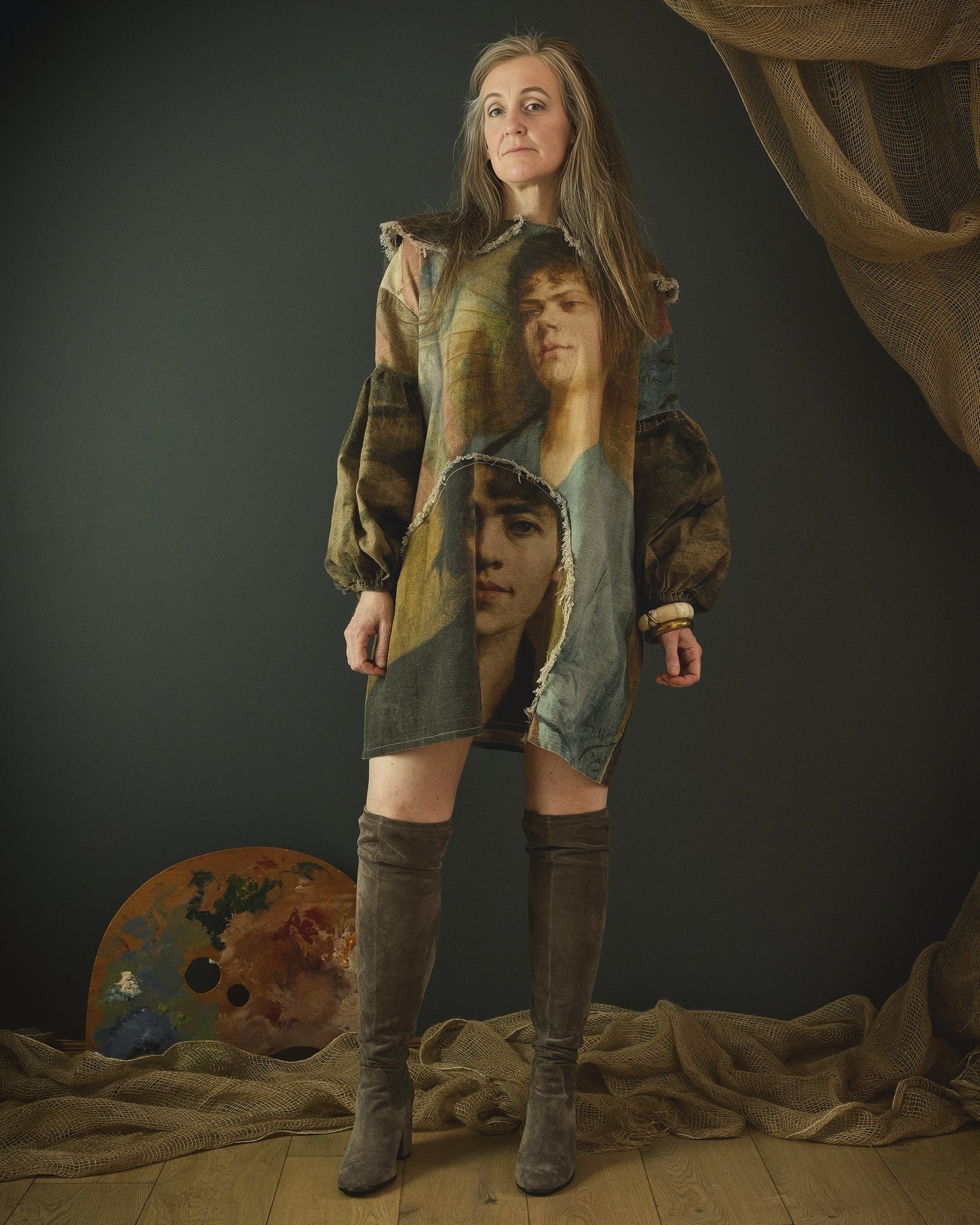 woman wearing unique cotton linen dress printed with a beautiful 19th century artwork