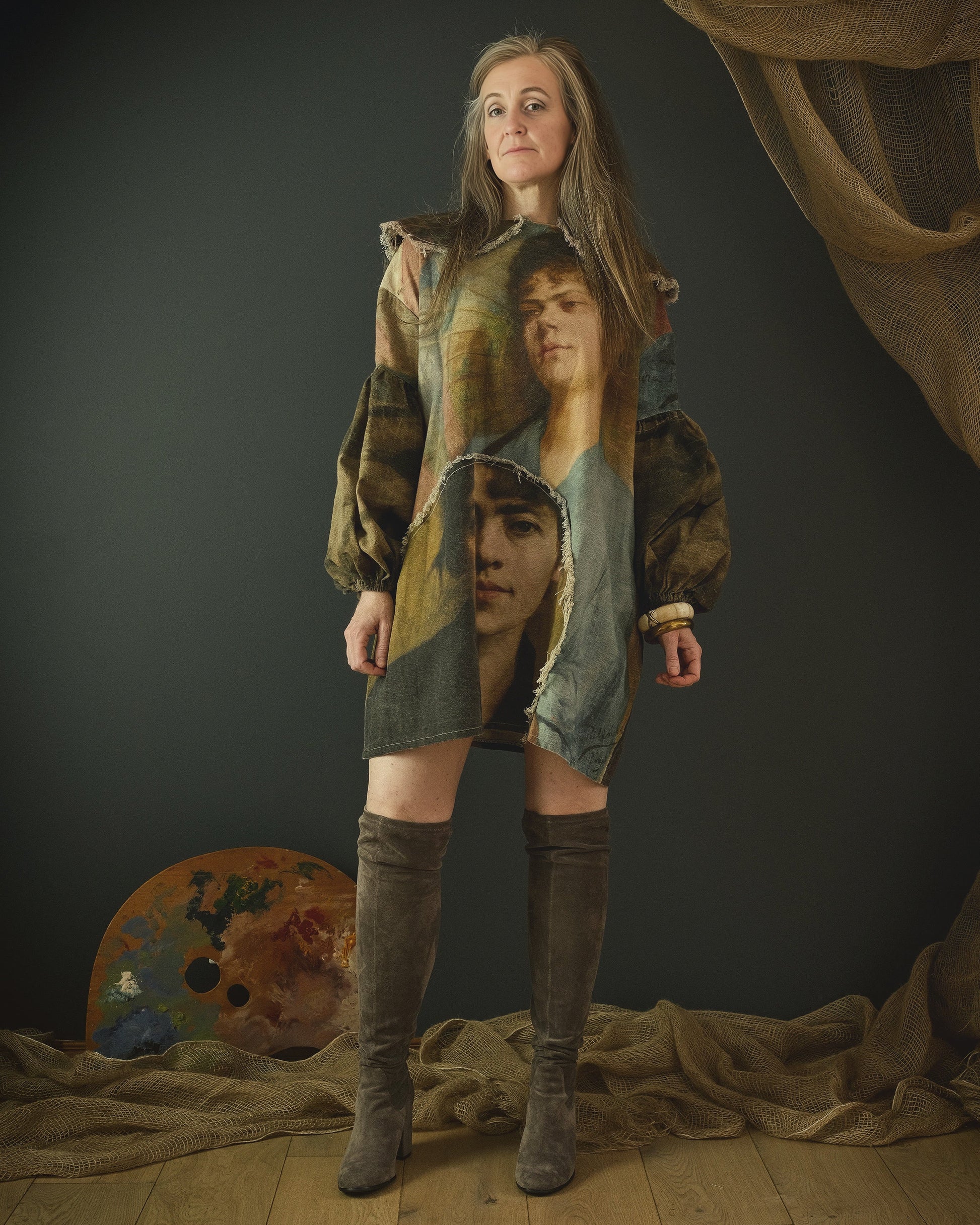woman wearing unique cotton linen dress printed with a beautiful 19th century artwork