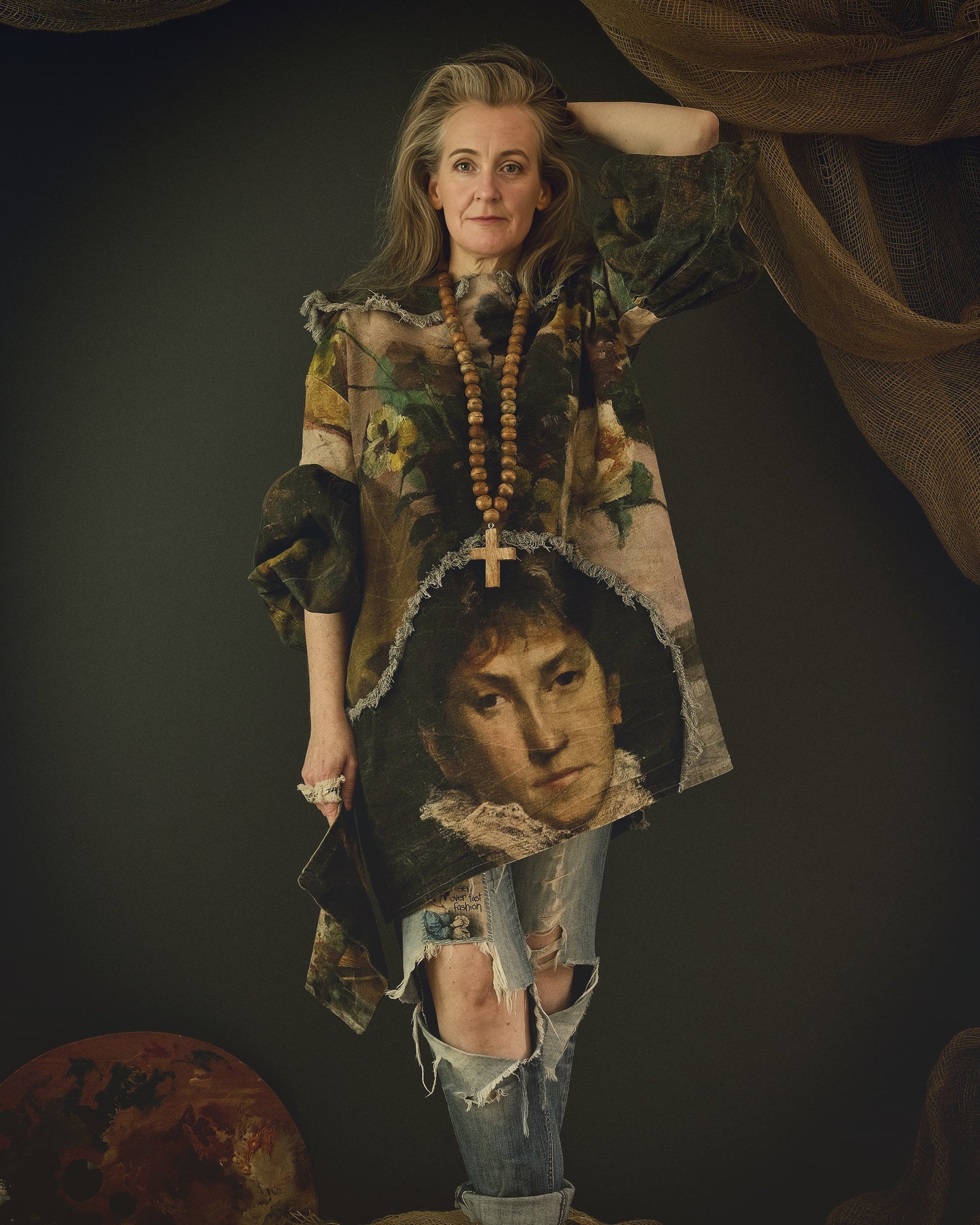 woman wearing cotton linen dress printed in bold 19th century artwork