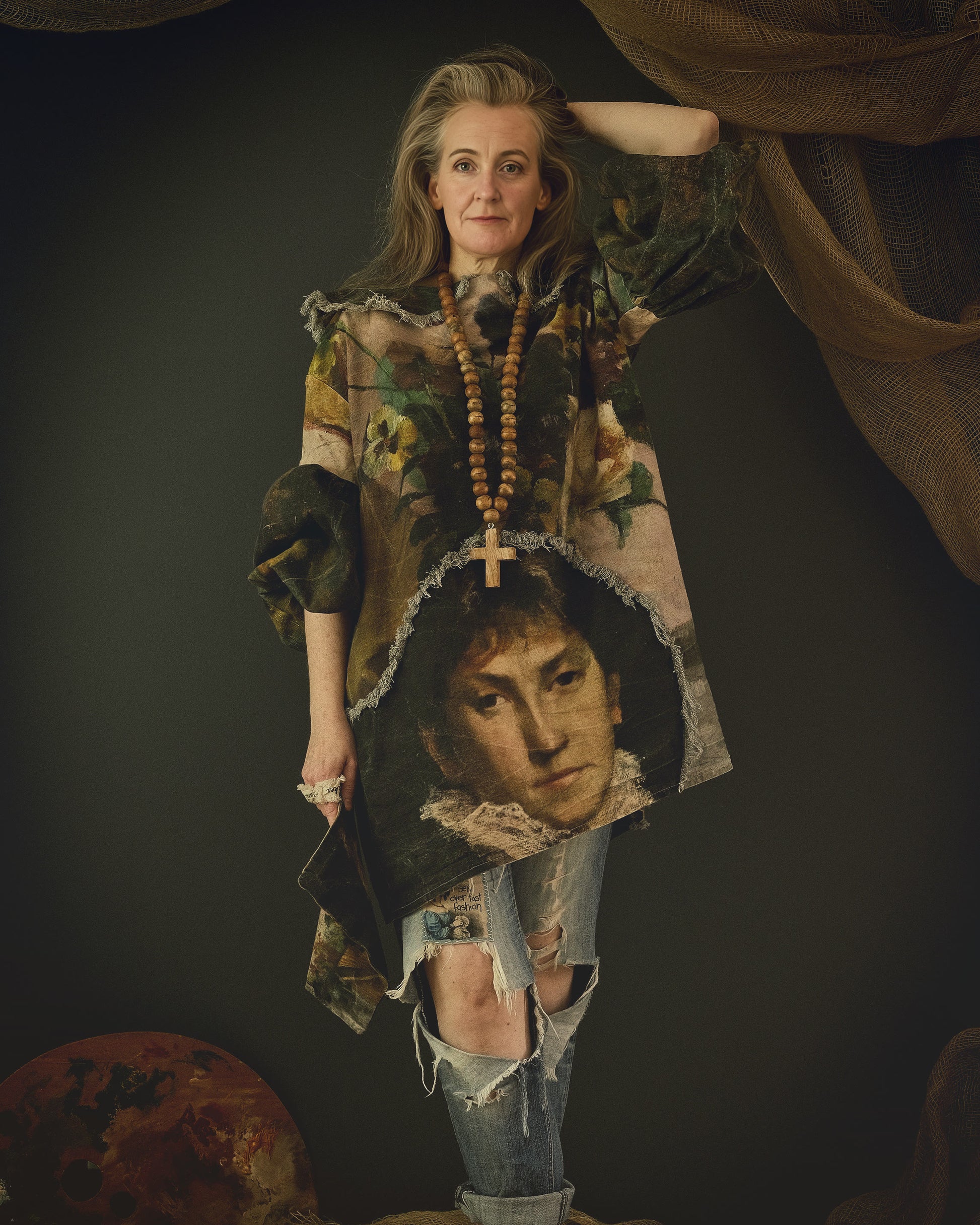 woman wearing cotton linen dress printed in bold 19th century artwork