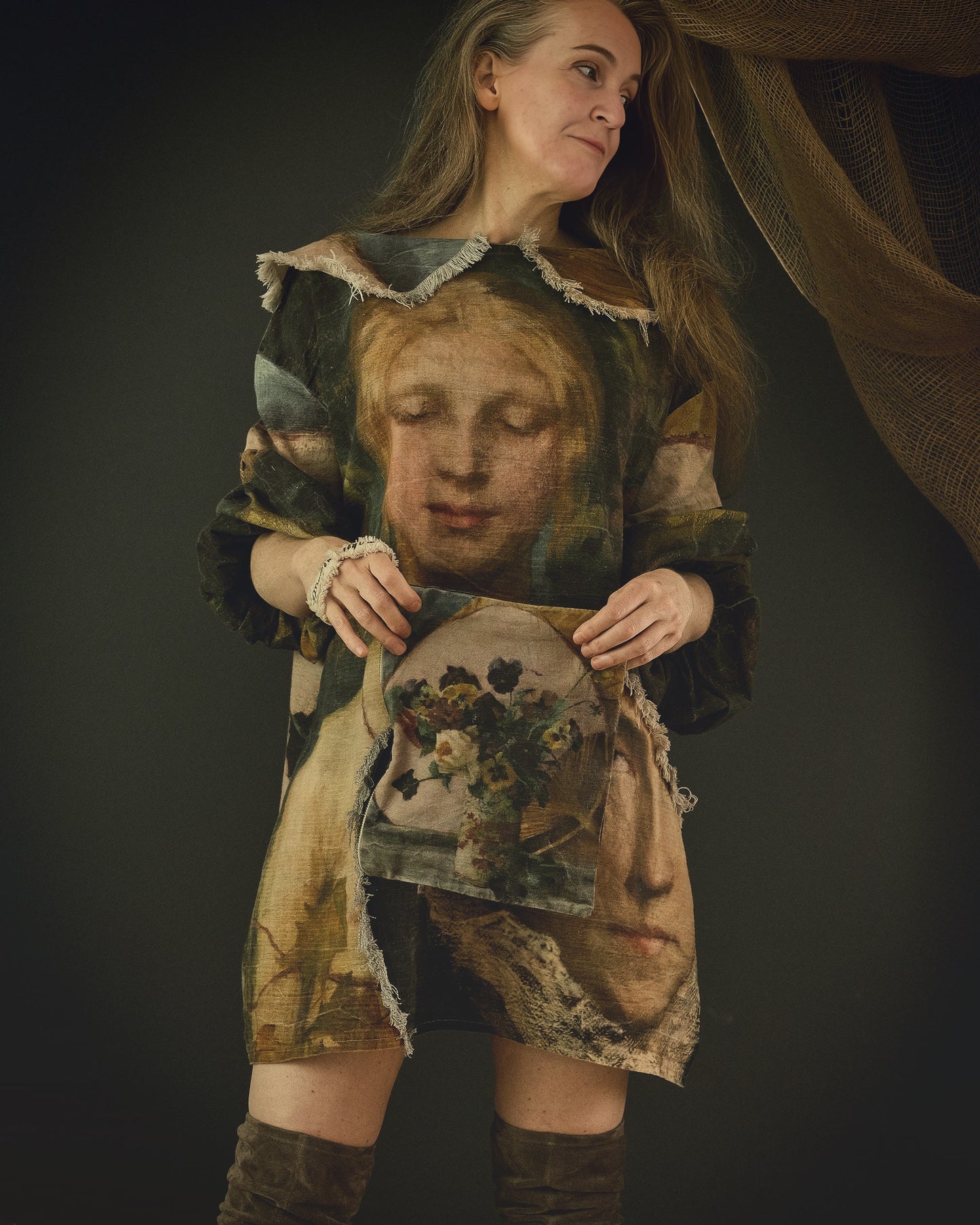 woman wearing cotton linen dress printed in bold 19th century artwork
