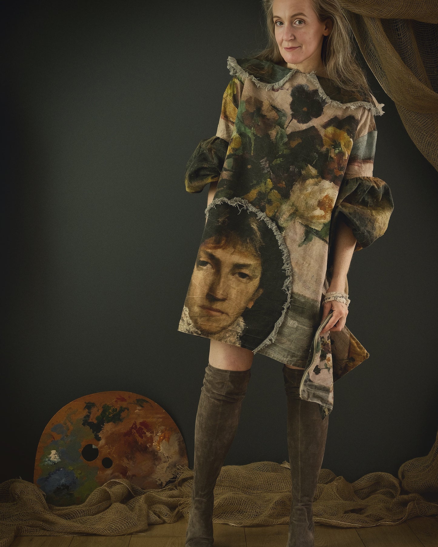woman wearing cotton linen dress printed in bold 19th century artwork
