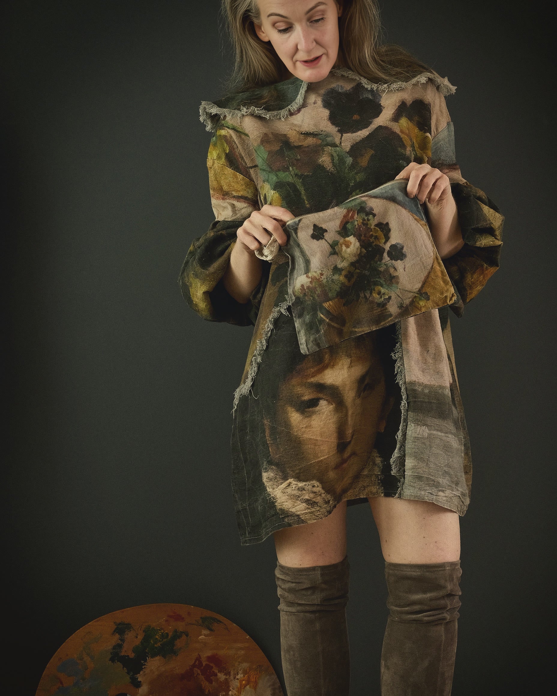 woman wearing cotton linen dress printed in bold 19th century artwork