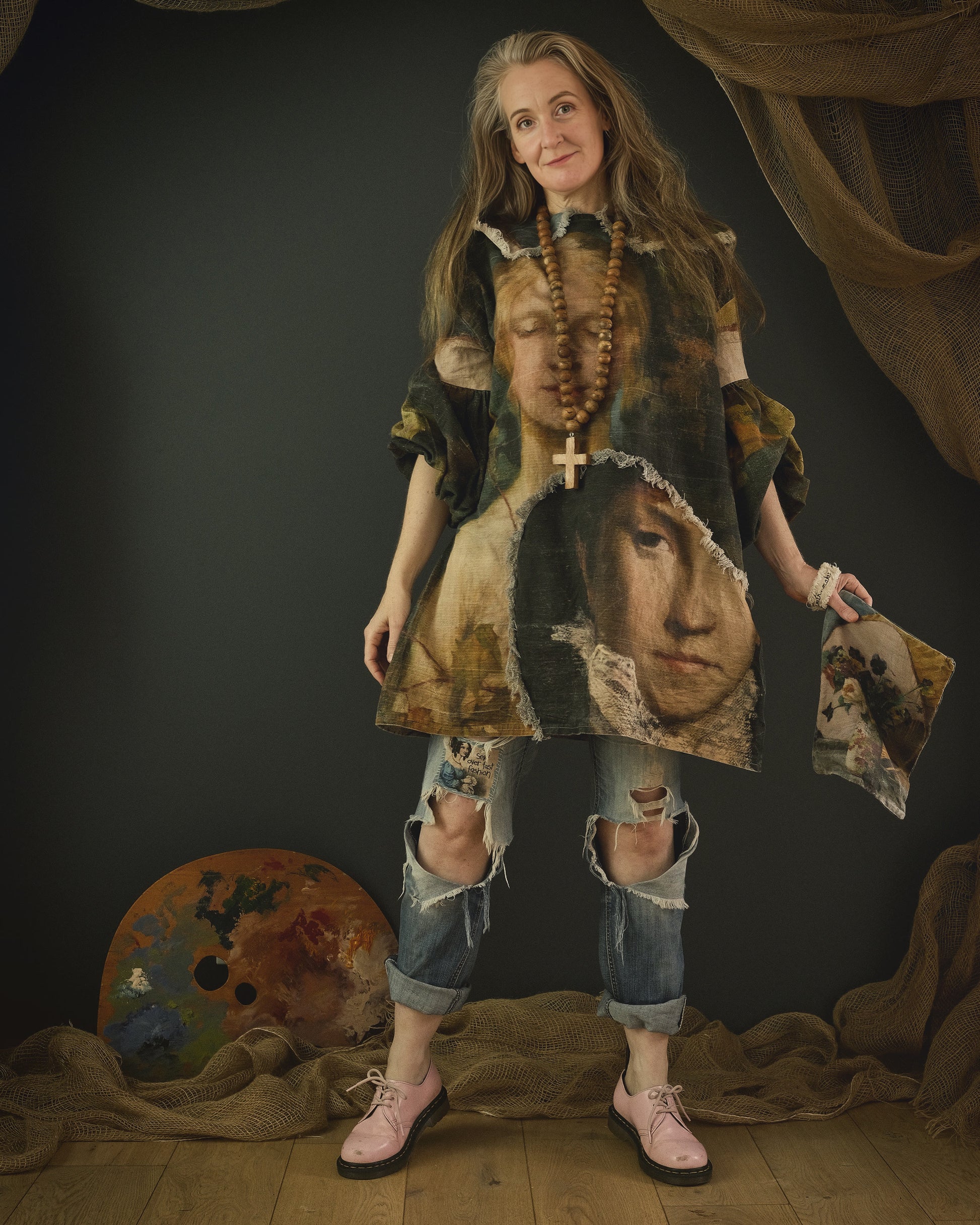 woman wearing cotton linen dress printed in bold 19th century artwork